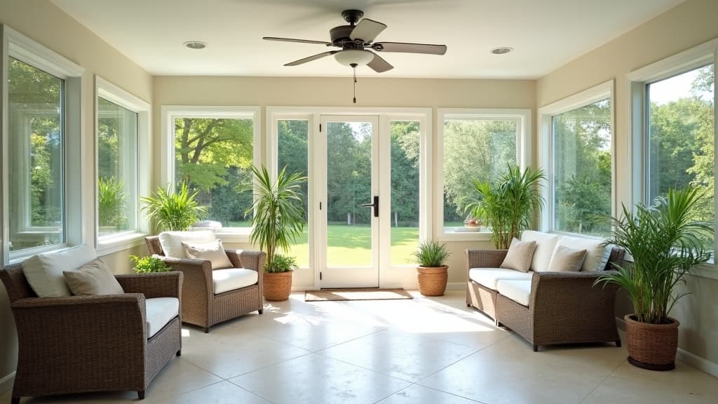 Bright interior of a Great Neck four-season sunroom with Low-E insulated windows