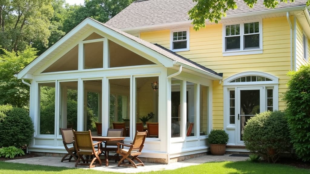 Three-season sunroom on concrete piers in Massapequa with cathedral ceiling