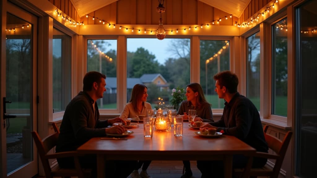 Dinner in a three-season sunroom on Long Island at dusk