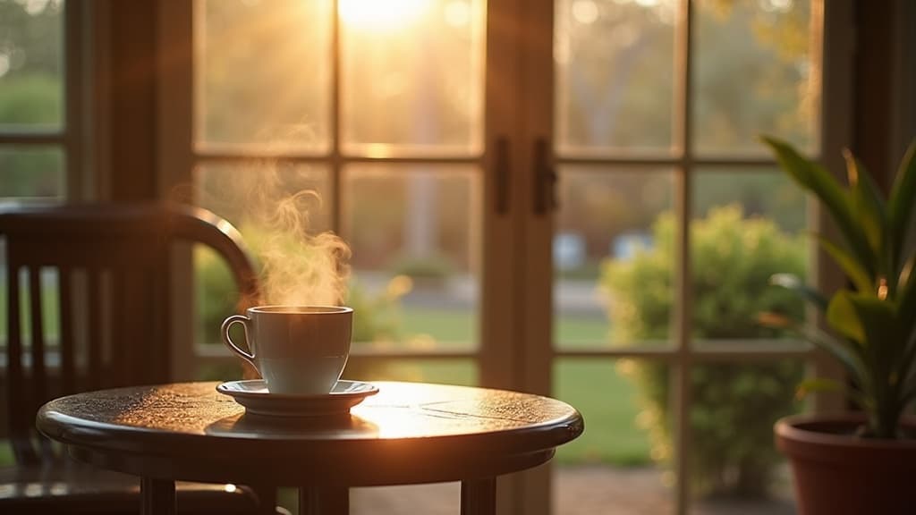 Morning coffee in a sunlit patio enclosure on Long Island