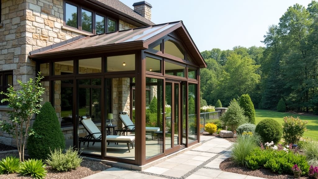 Bronze aluminum four-season sunroom on a stone facade home in Cold Spring Harbor, Suffolk County