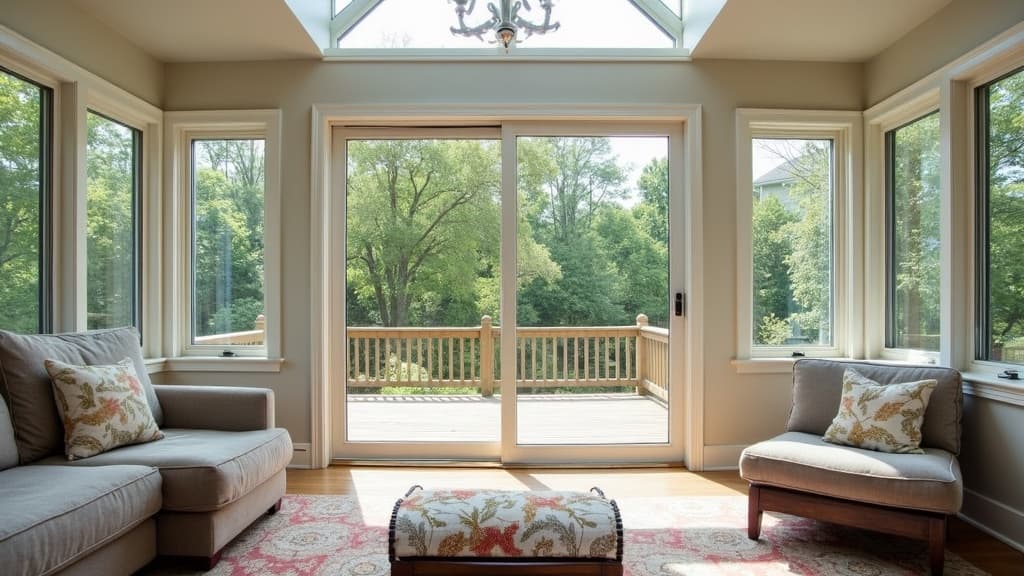 Three-season sunroom over a deck on a Huntington ranch home with cathedral ceiling