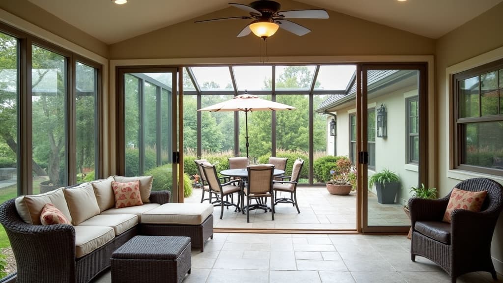 Patio enclosure with sliding window panels and studio roof on a Cape Cod home in Garden City, Nassau County