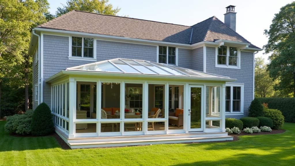 Compact four-season sunroom on a Levittown ranch with tray ceiling