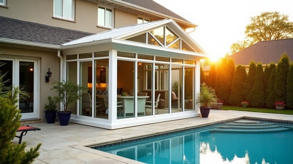 Four-season sunroom with bronze frames overlooking the water in Cold Spring Harbor