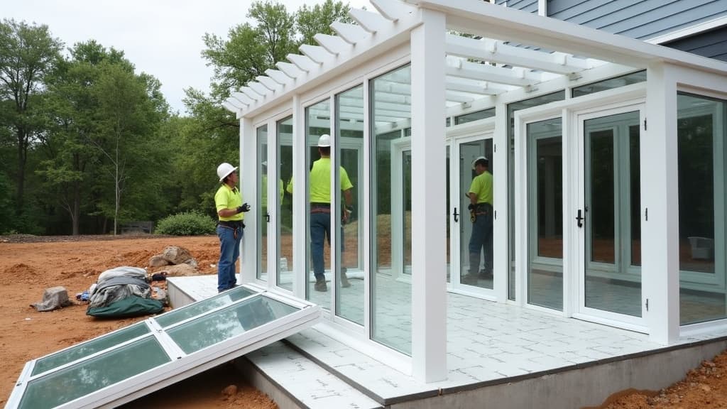 Sunroom frame installation by Long Island Sunroom Co. crew